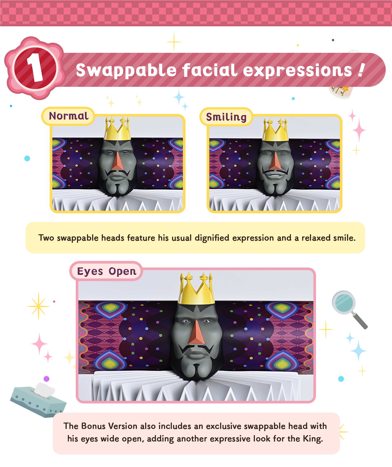 POINT 1 Swappable expressions! Normal, Smiling, Eyes Open